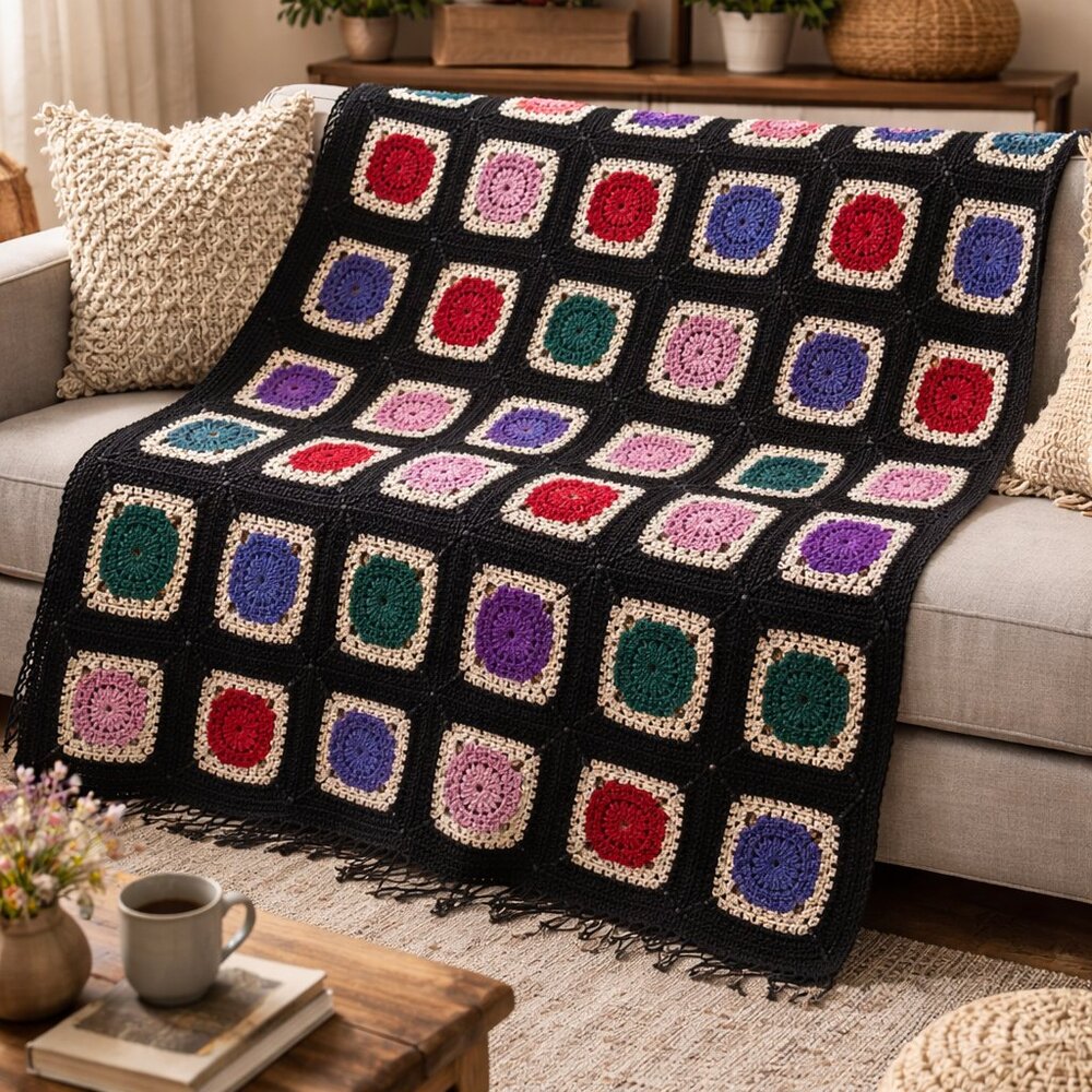 Vintage Granny Square Crochet Afghan Blanket‎ 40x50 Handmade Boho Retro Throw